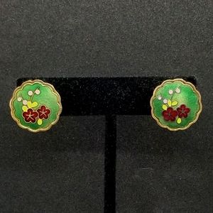 Green enamel cloisonné floral screwback earrings